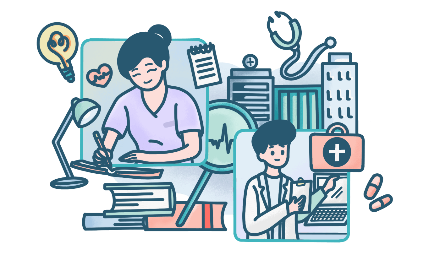 Nurse studying and doctor on laptop